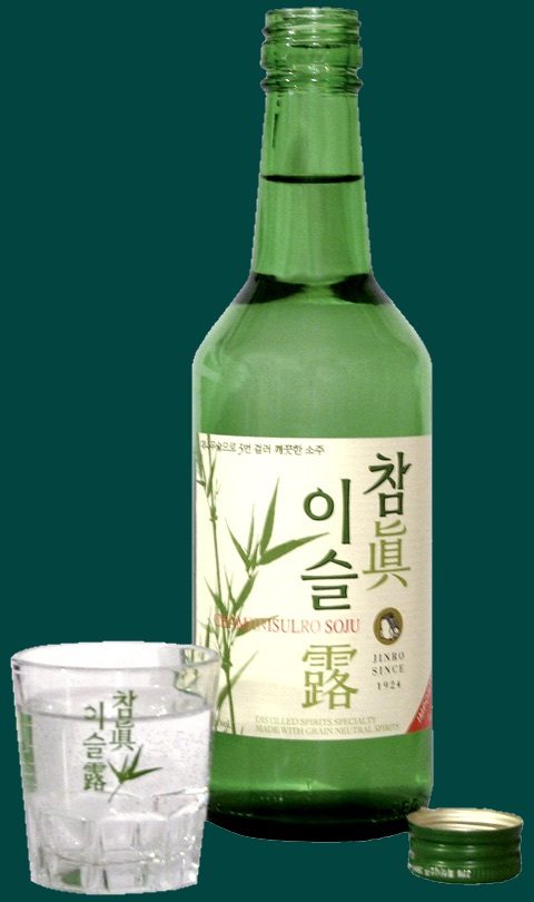 Soju: Wikipedia; https://en.wikipedia.org/wiki/Soju. Disclaimer: Posting of this photo is neither an endorsement nor a recommendation. The label objects are only examples of commonly used label content. Bottle of Korean soju